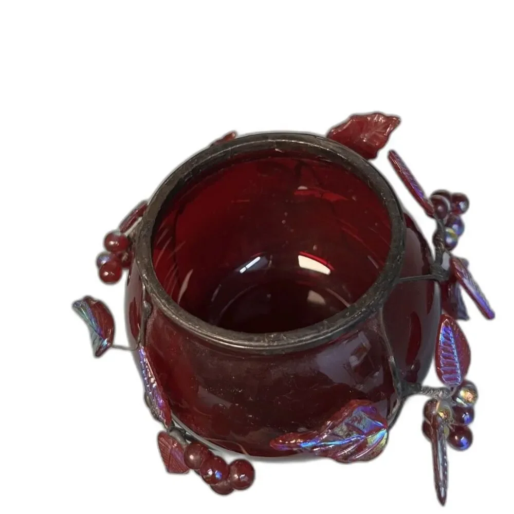 Vintage Cranberry Red Glass Centerpiece Bowl/Vase with Iridescent Leaves